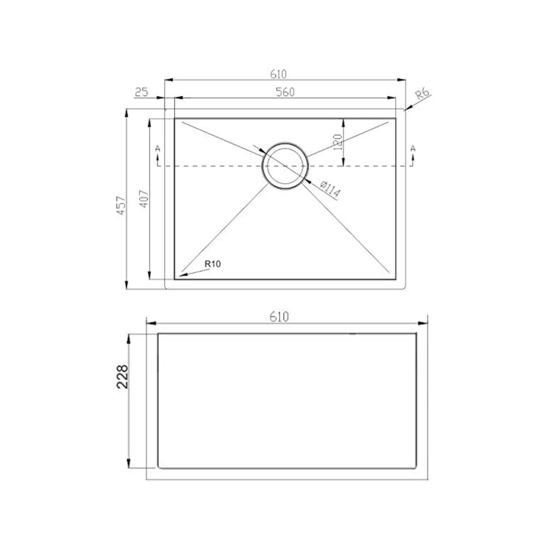 Kaff Stainless Steel Sink Marco Series SINGLE BOWL KS 610 SB R10 ( 24 x 18 inches ) - Satin