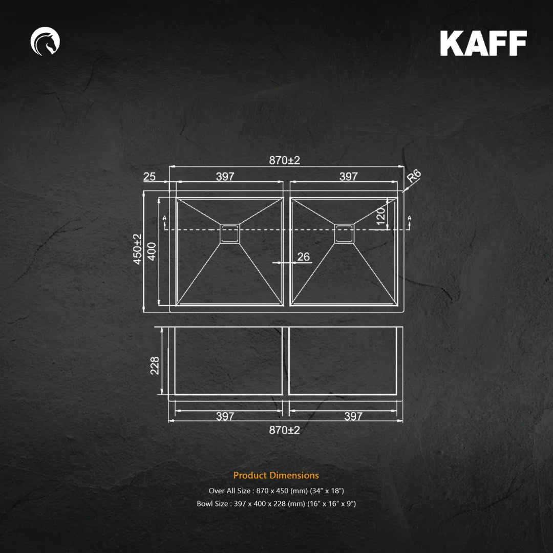 Kaff Stainless Steel Sink Marco Series DOUBLE BOWL KS 870 DB R10 ( 34 x 18 inches ) - Satin
