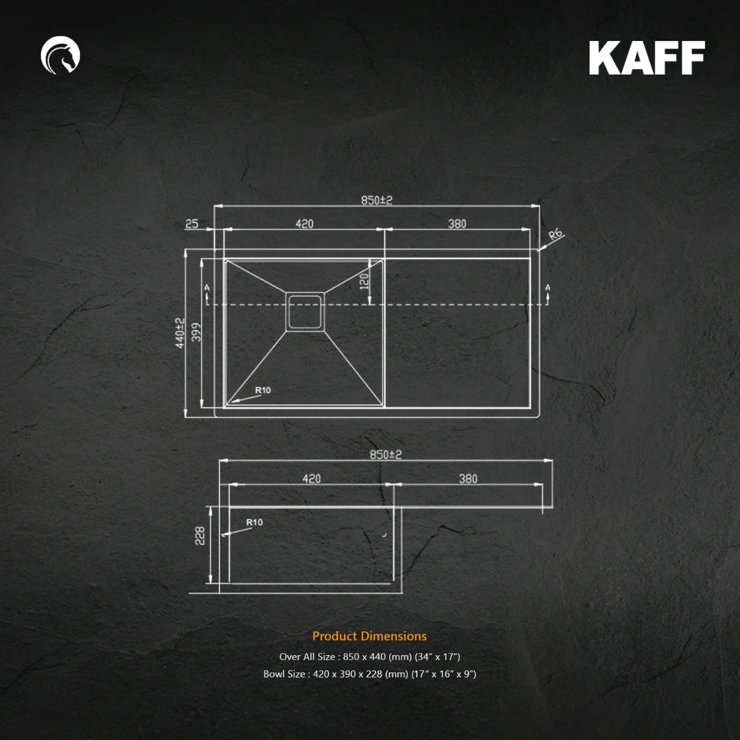 Kaff Stainless Steel Sink Carra Series SINGLE BOWL WITH DRAIN BOARD KSBL 850 SBD R10 ( 24 x 18 inches ) - Black Satin