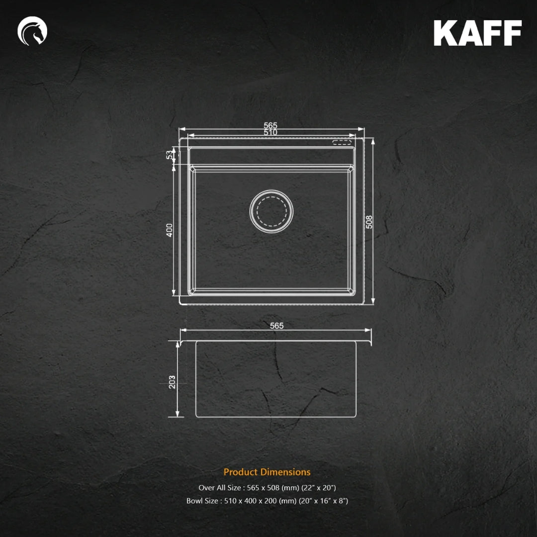 Kaff Quartz Sink Casso Series KSG 22 SB BLK ( 22 x 20 inches ) - Black