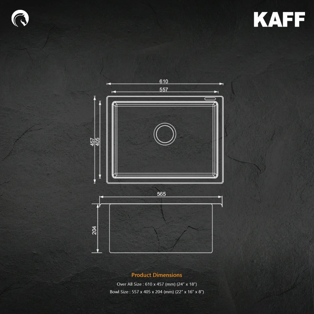 Kaff Quartz Sink Casso Series KSG 24 SB BLK ( 24 x 18 inches ) - Black