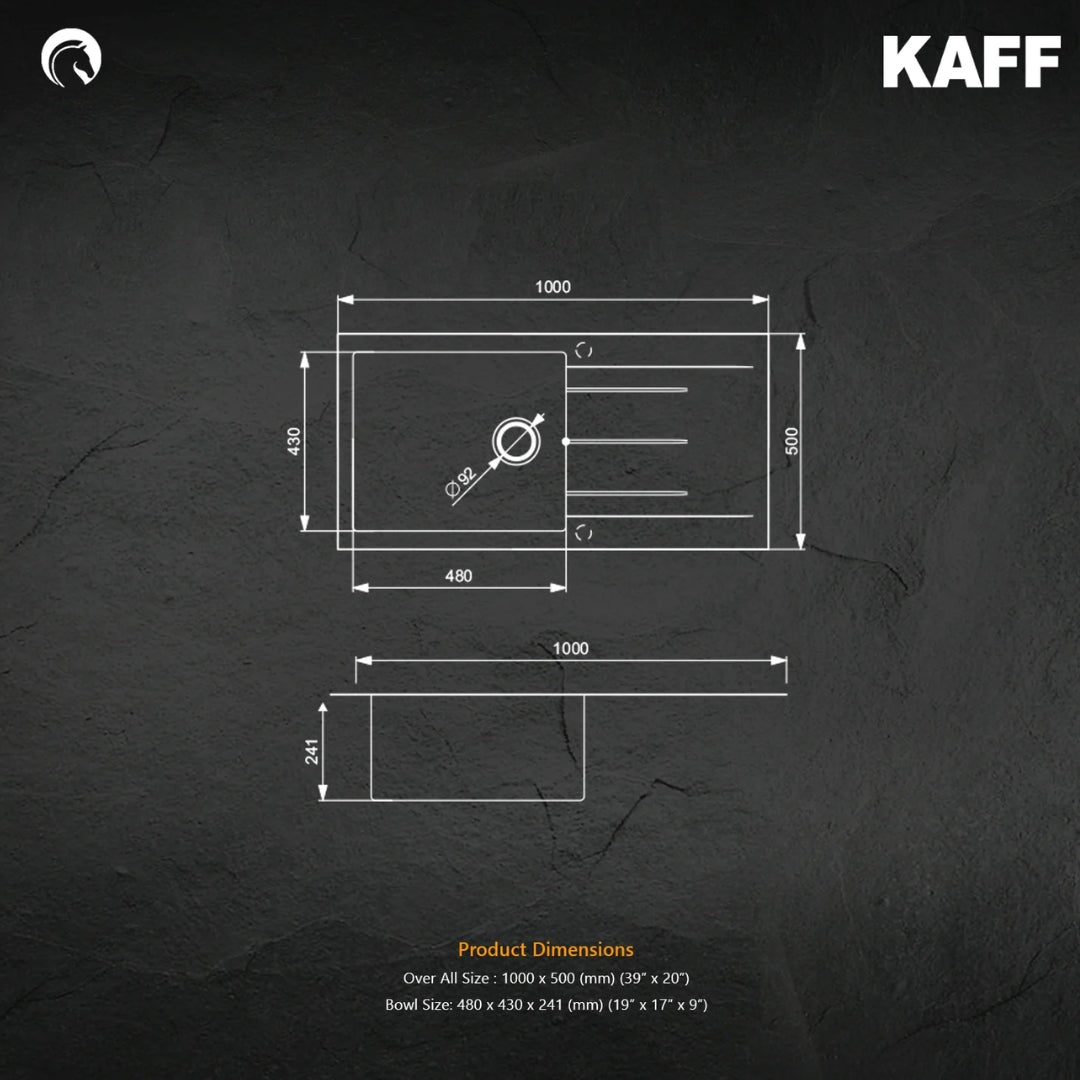 Kaff Quartz Sink Casso Series KSG 40 SDB BLK ( 39 x 20 inches )  -  Black