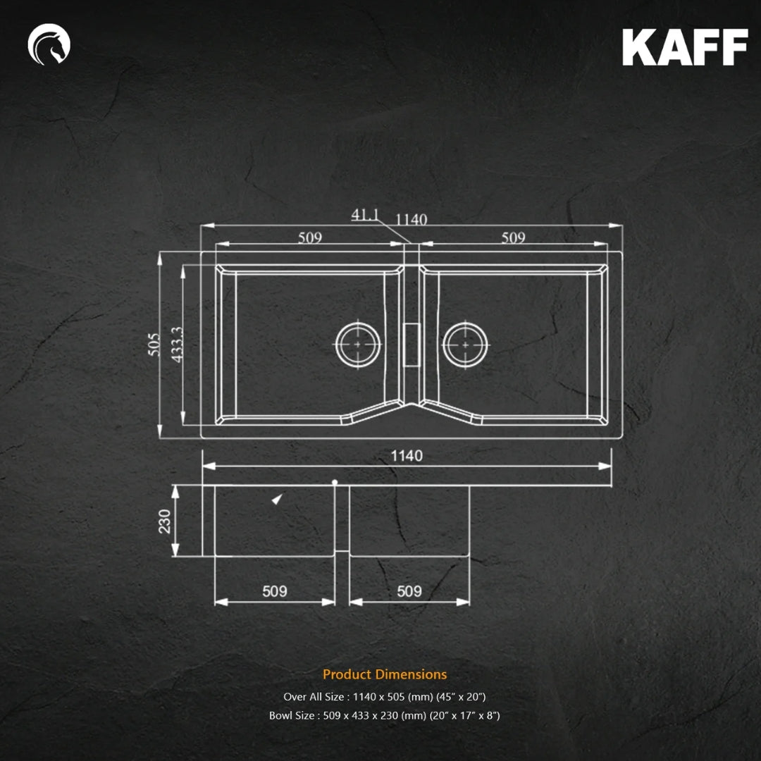 Kaff Quartz Sink Casso Series KSG 45 DB BLK ( 45 x 20 inches ) - Black