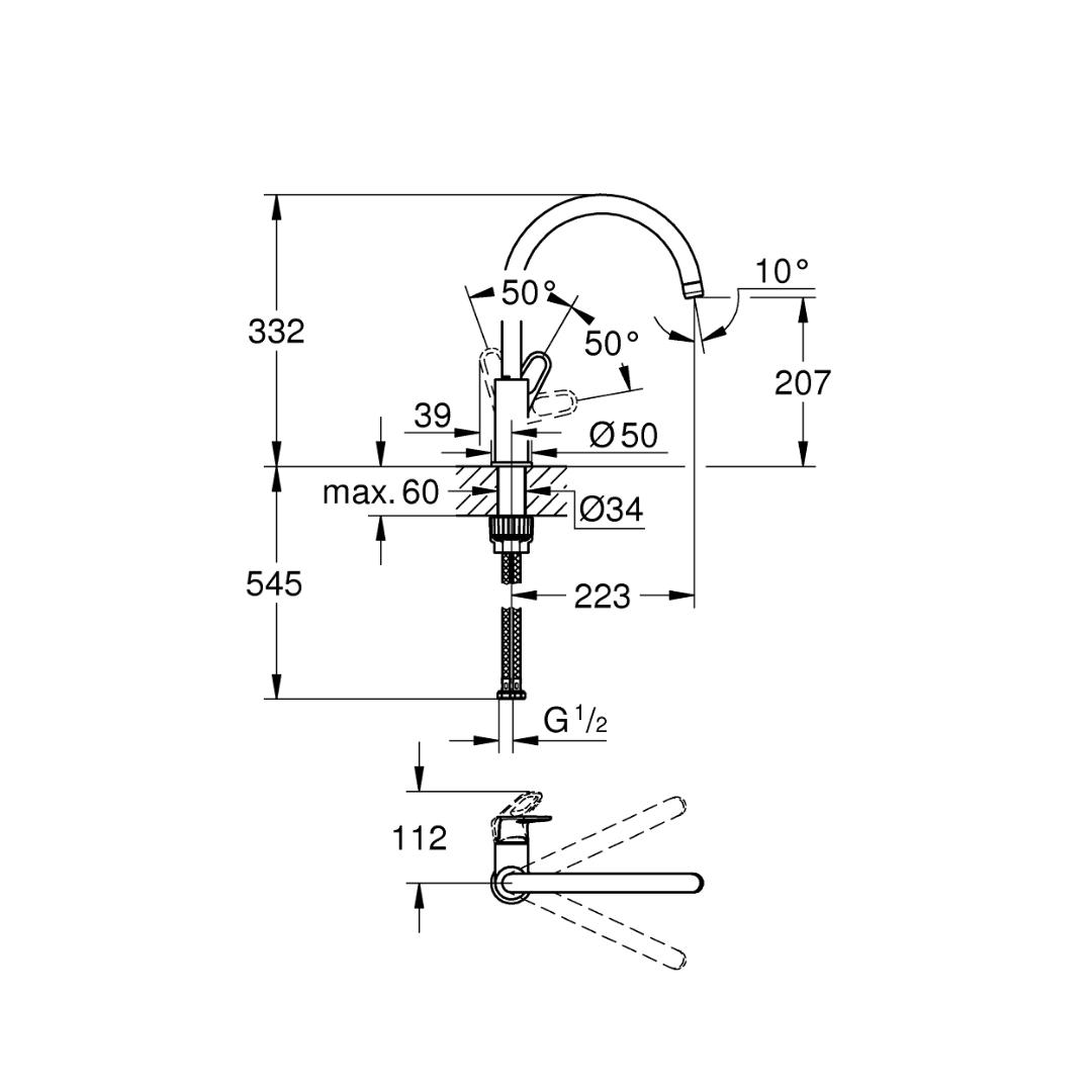 Grohe Table Mounted Regular Kitchen Sink Mixer Bauflow M31230001 with Swinging Spout in Chrome Finish