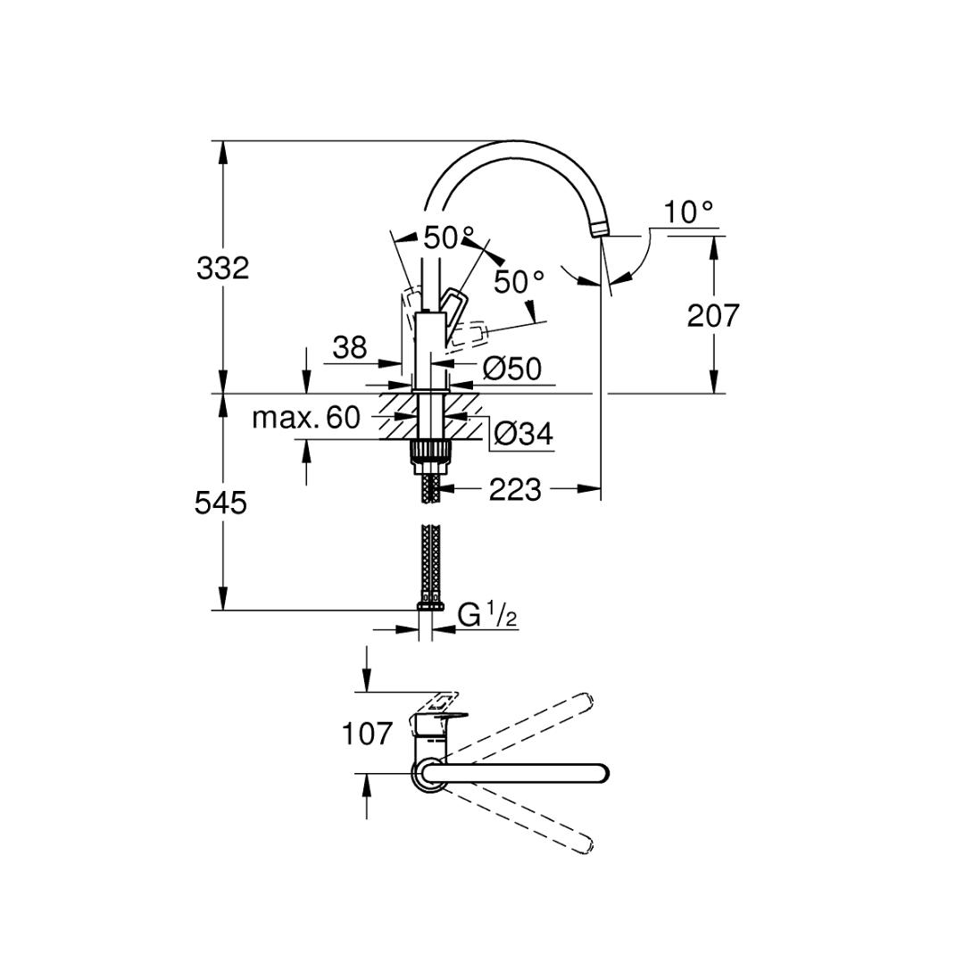 Grohe Table Mounted Regular Kitchen Sink Mixer Bauloop M31232001 with Swinging Spout in Chrome Finish