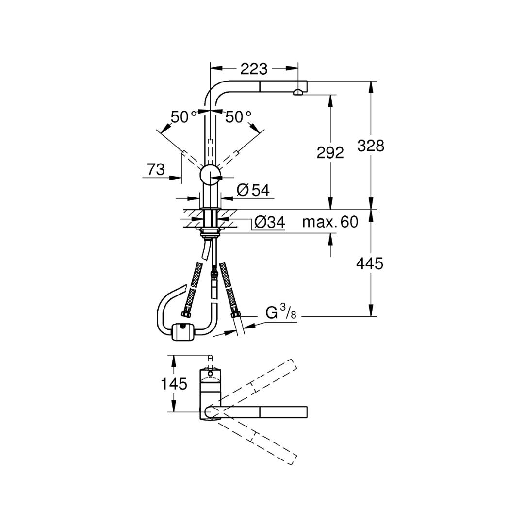 Grohe Table Mounted Pull-Out Kitchen Sink Mixer Minta M32168000 with Extractable Hand Shower Spout in Chrome Finish