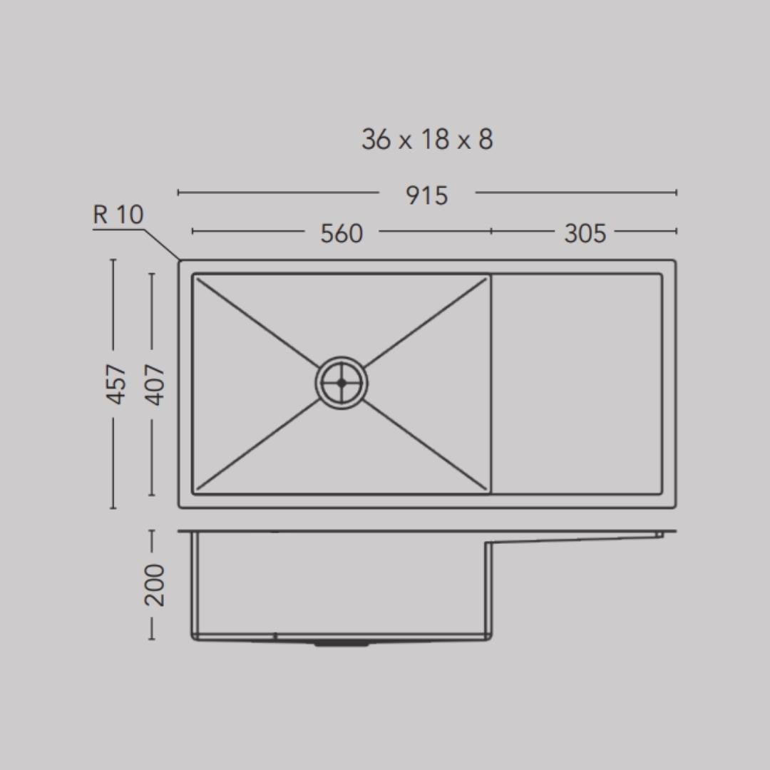 Carysil Stainless Steel Sink Micro Radius R 10 MICRO RADIUS R 10 SINGLE BOWL WITH DRAINER 36 X 18 X 8 ( 36 x 18 inches ) - Matt