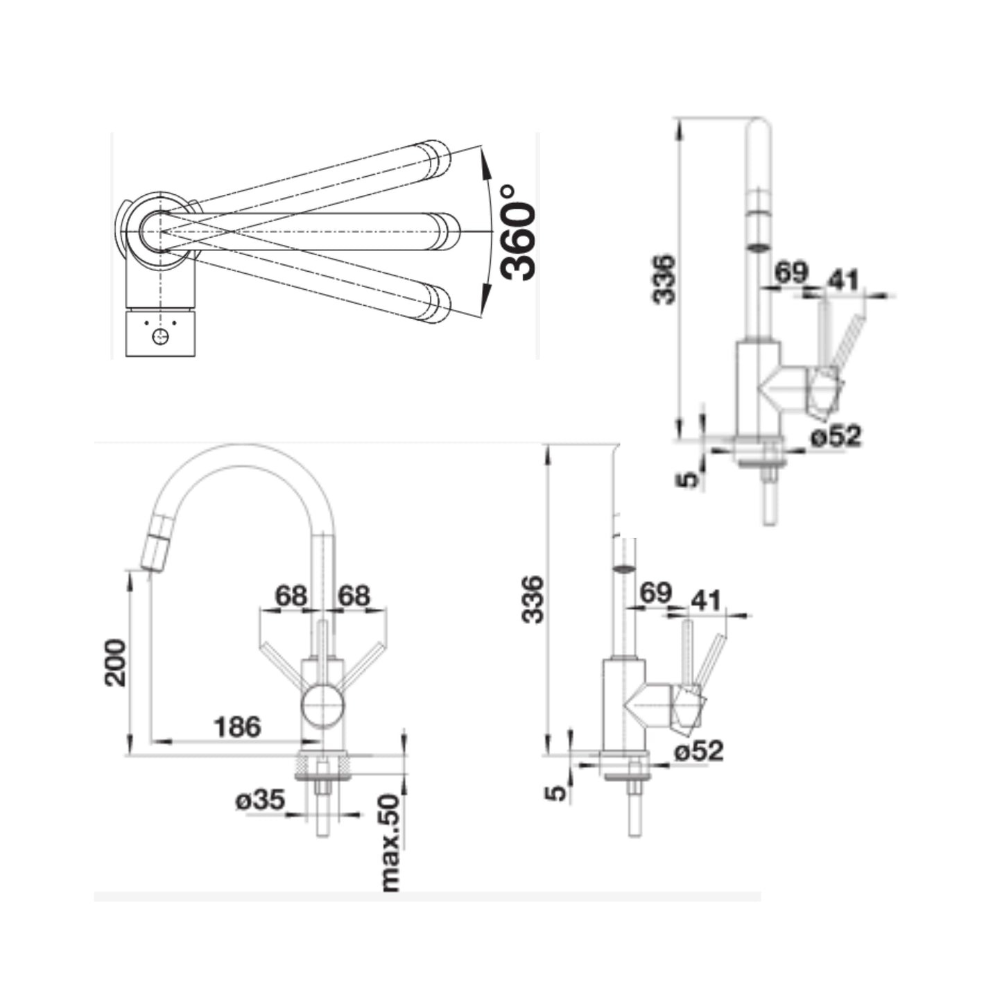 Hafele Table Mounted Pull-Down Kitchen Sink Mixer Blanco MIDA-S with Extractable Hand Shower Spout in White Finish