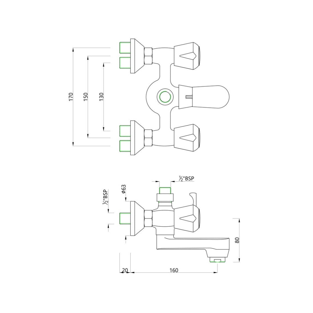 Essco 2 Way Wall Mixer Marvel MQT-CHR-517AKN - Chrome Finish