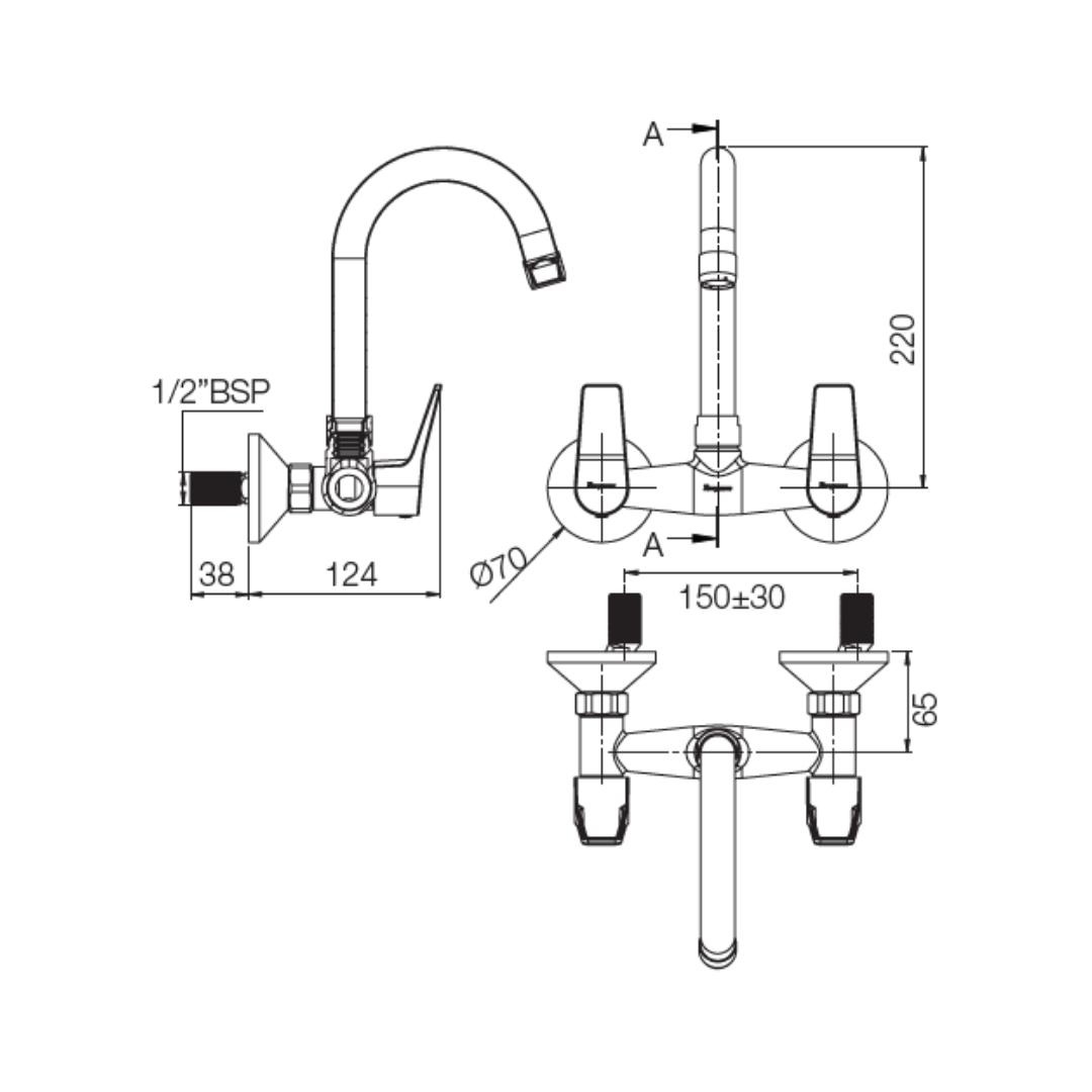 Parryware Wall Mounted Regular Kitchen Sink Mixer Aqua G5735A1 with Swinging Spout in Chrome Finish