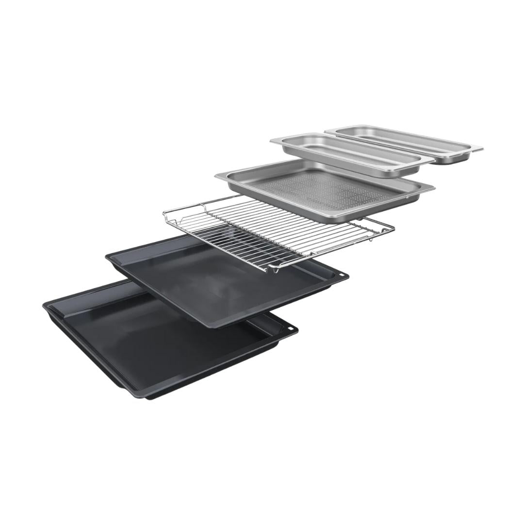 Bosch Built In Oven with Full Steam Function HSG7361B1 + Bosch Built-In Microwave Series 6 BEL554MB0I + Bosch 90 cm Wall Mounted Chimney Self Clean Series DWKA98H60I + Bosch 90 cm 4 Burner Hob Series 6 True Brass 3D PNF9B6G20I