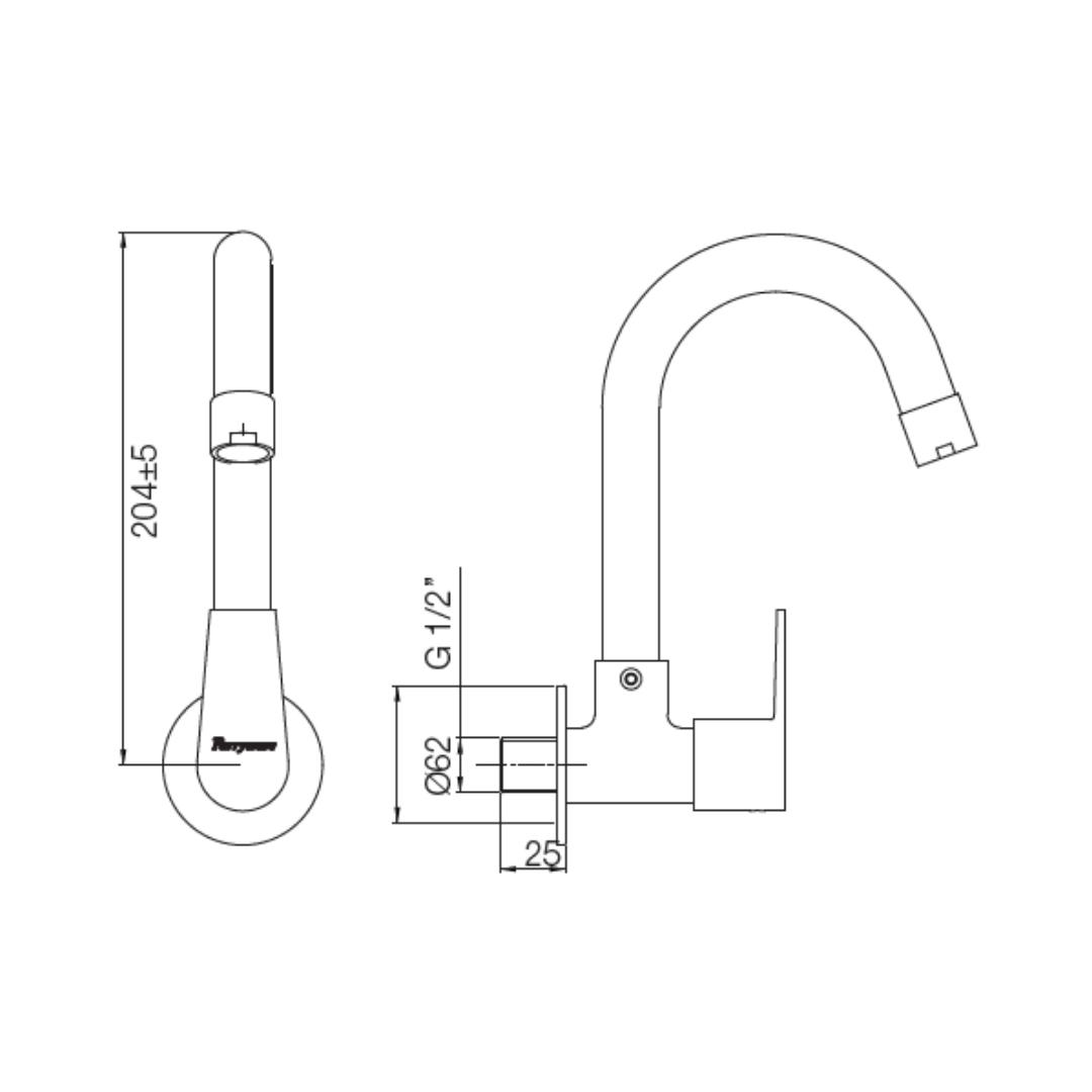 Parryware Wall Mounted Regular Kitchen Sink Tap Praseo T1321A1 with Swinging Spout in Chrome Finish