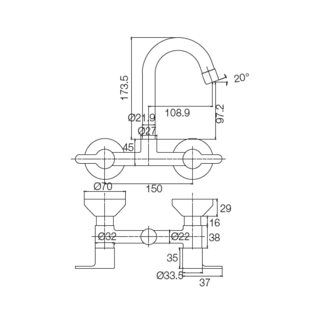 Parryware Wall Mounted Regular Kitchen Sink Mixer Claret T4635A1 with Swinging Spout in Chrome Finish