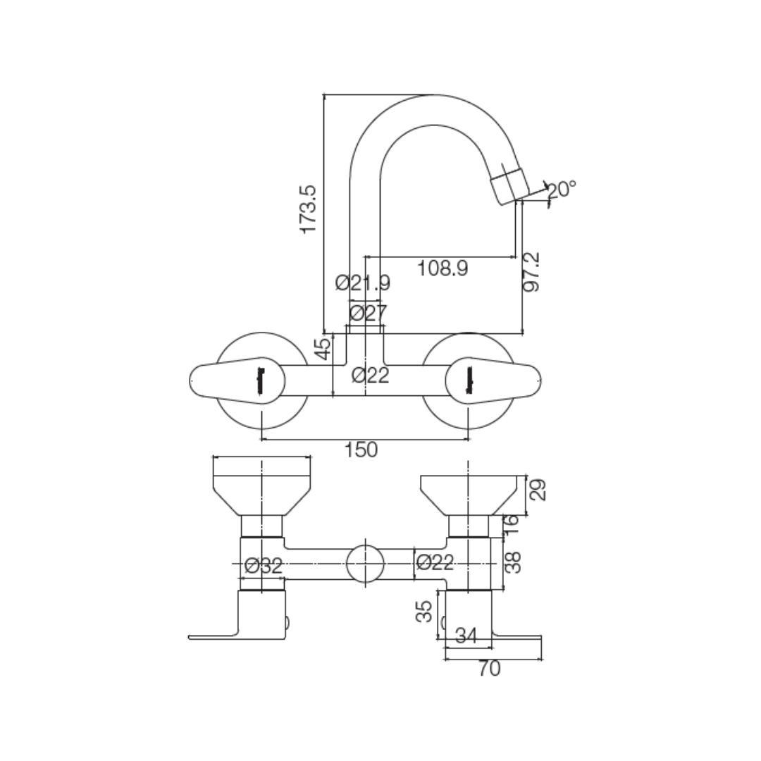 Parryware Wall Mounted Regular Kitchen Sink Mixer Uno T5035A1 with Swinging Spout in Chrome Finish