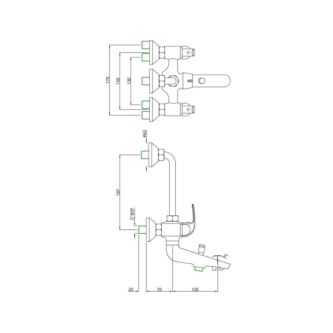 Essco 3 Way Wall Mixer Orbit ORB-CHR-105281 - Chrome Finish