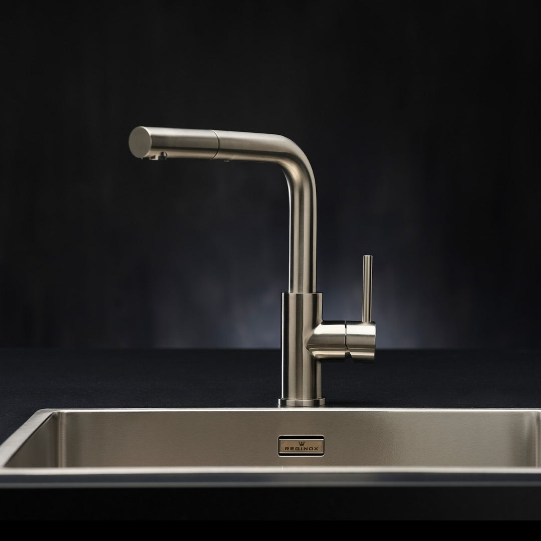 Reginox Table Mounted Regular Kitchen Sink Mixer PALM with Extractable Hand Shower Spout in Stainless Steel Finish