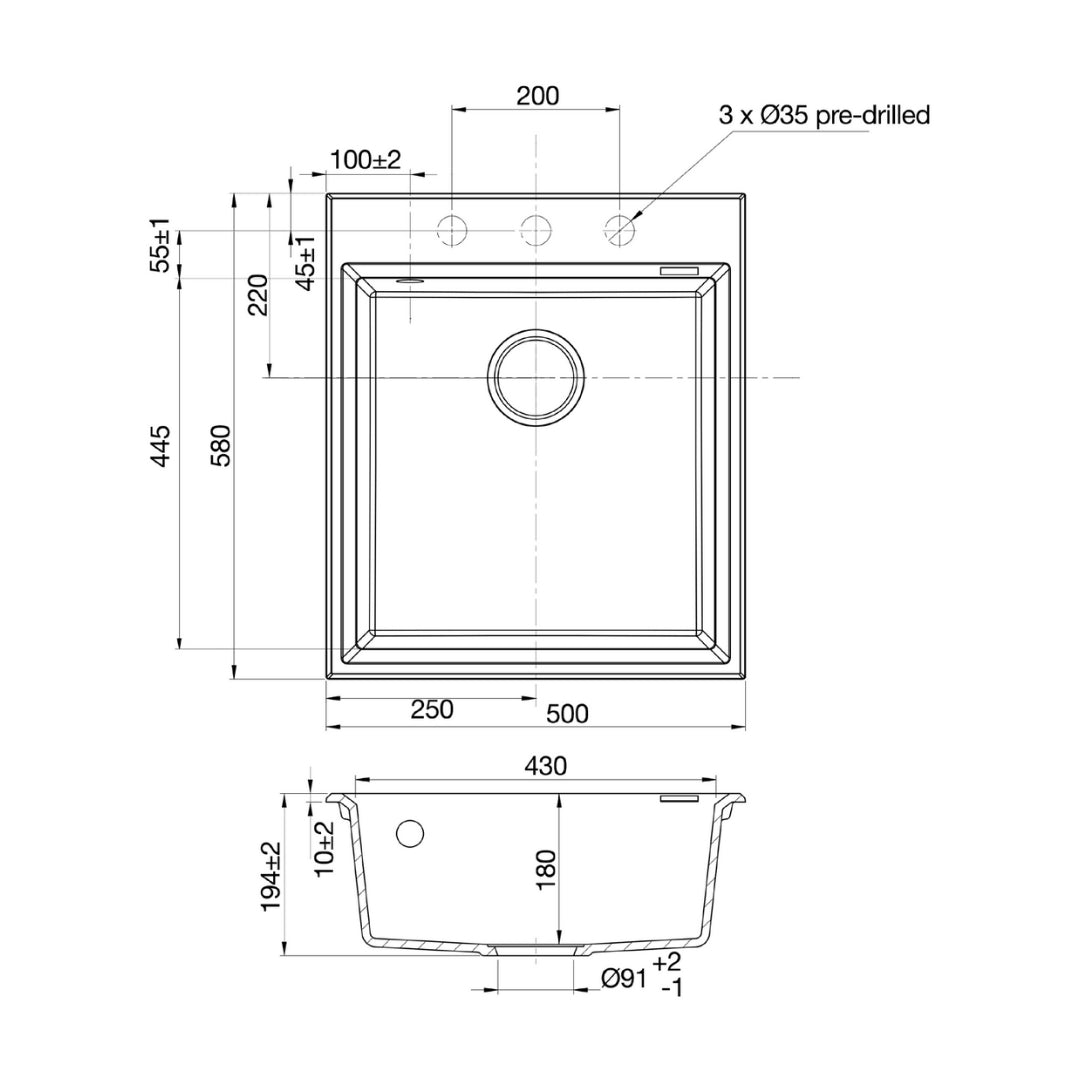 Hafele Quartz Sink Lithos Quartz Range QUADRA SINGLE BOWL ( 20 x 23 inches )  -  Truffle
