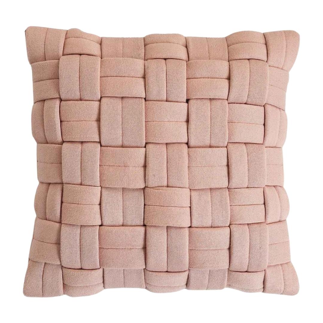 Basket Knit Cameo Pink Cotton Knitted Decorative Cushion Cover (16 in x 16 in)