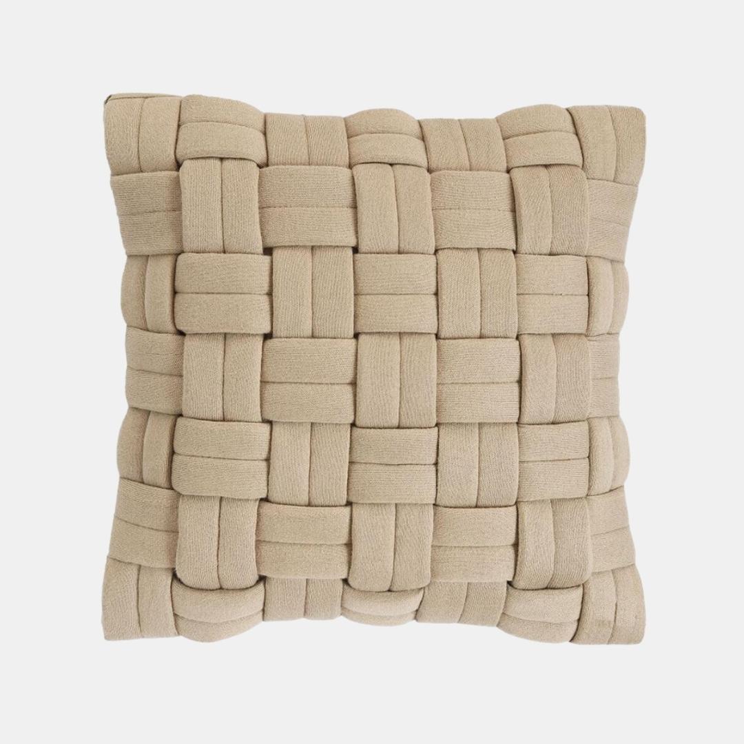 Basket Knit Sandy Brown Cotton Knitted Decorative Cushion Cover (16 in x 16 in)