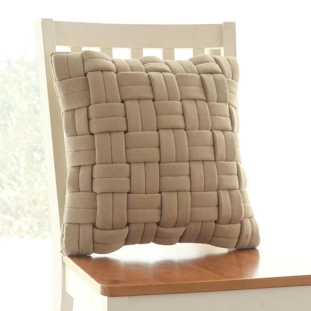 Basket Knit Sandy Brown Cotton Knitted Decorative Cushion Cover (16 in x 16 in)
