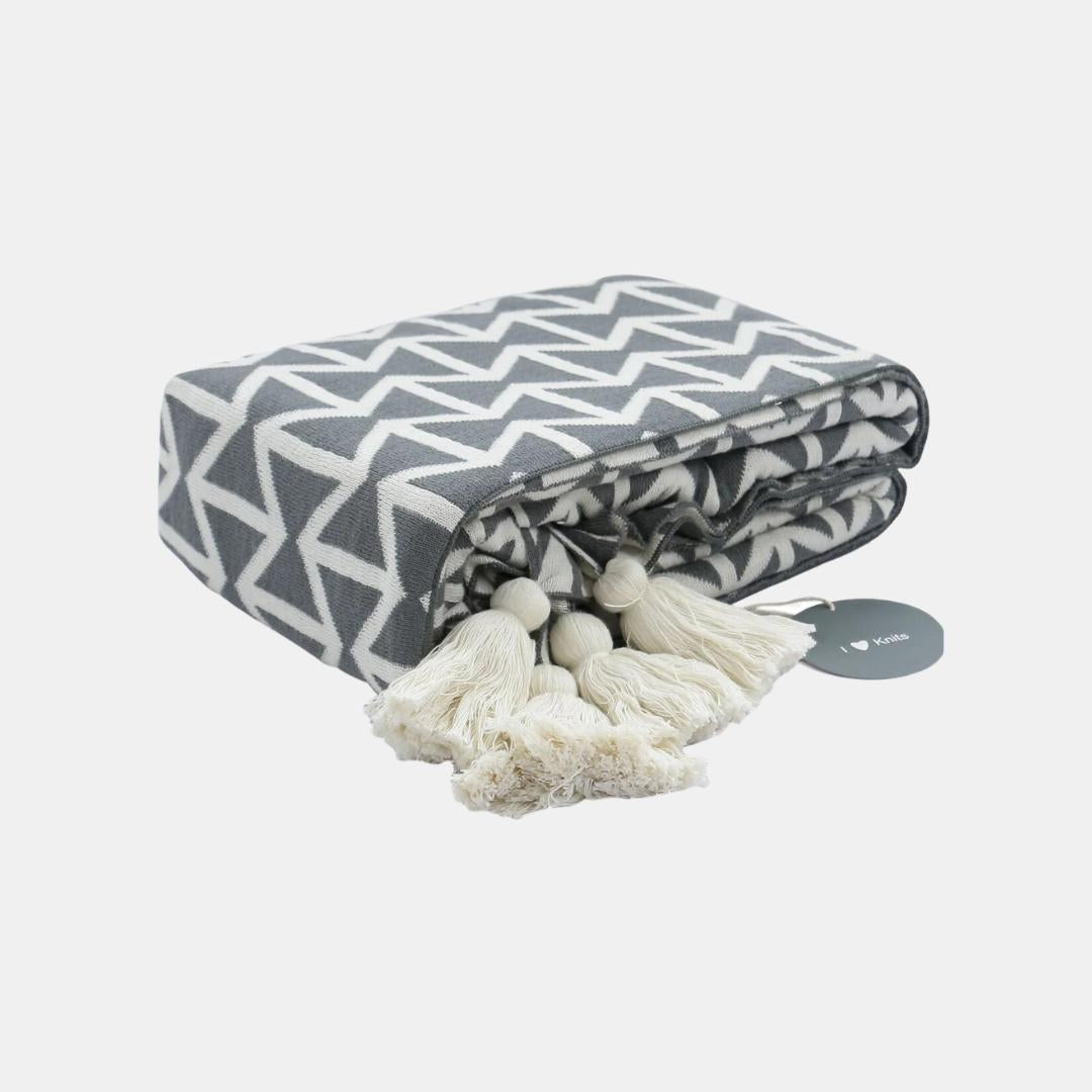 Beatrice Dark Grey & Natural Cotton Knitted Throw Blanket (50 in x 60 in)