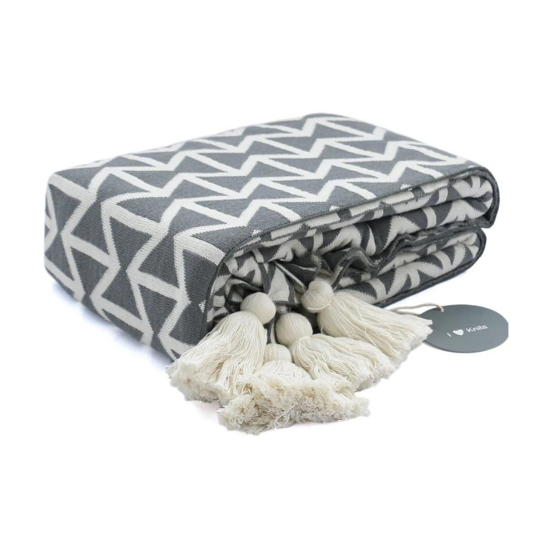 Beatrice Dark Grey & Natural Cotton Knitted Throw Blanket (50 in x 60 in)