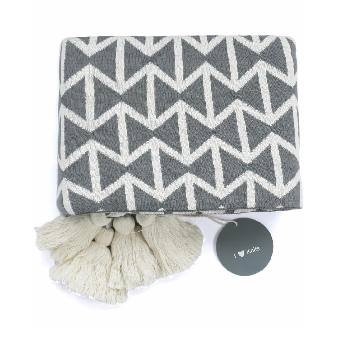 Beatrice Dark Grey & Natural Cotton Knitted Throw Blanket (50 in x 60 in)