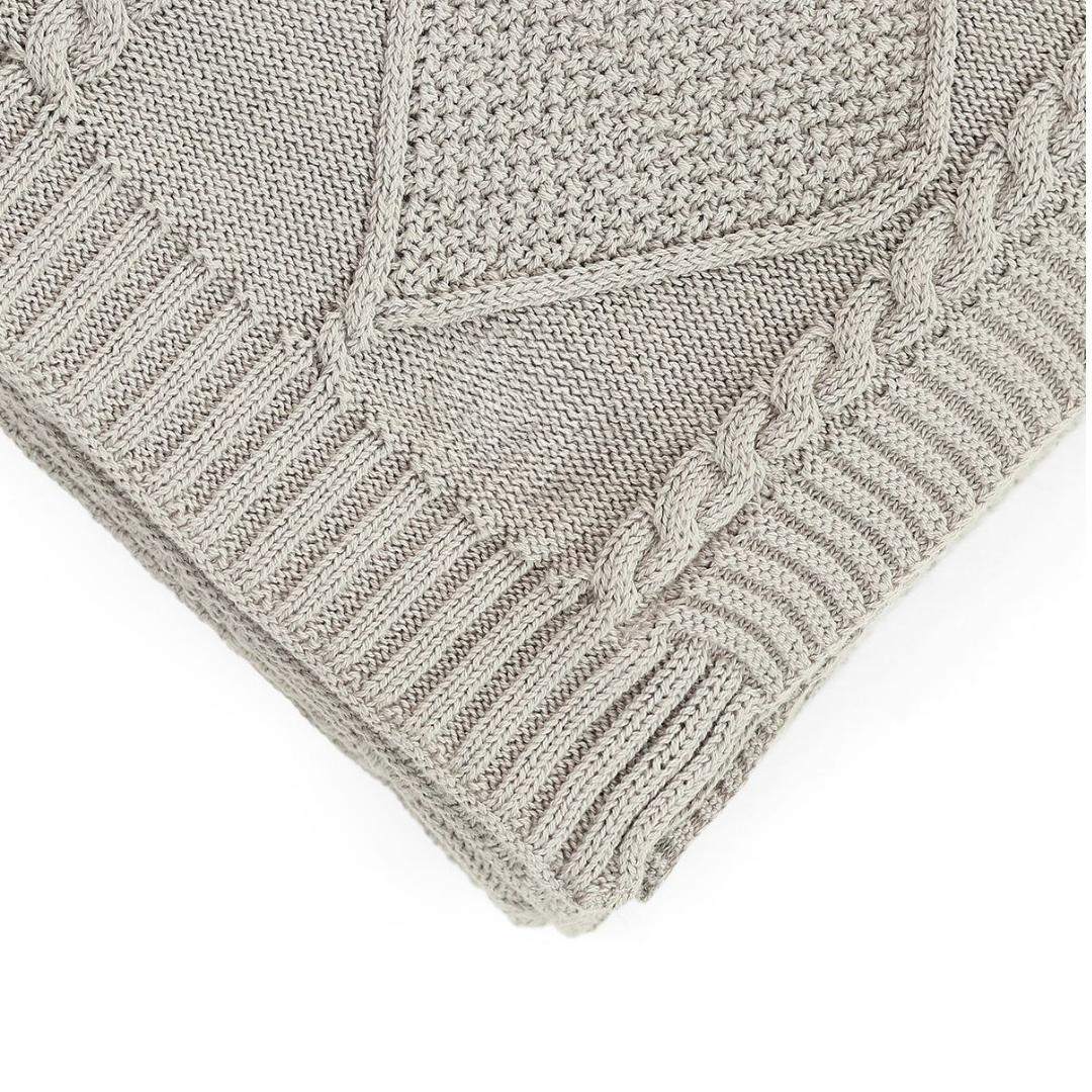 Cable Moss Cool Grey Cotton Knitted Throw Blanket (50 in x 60 in)