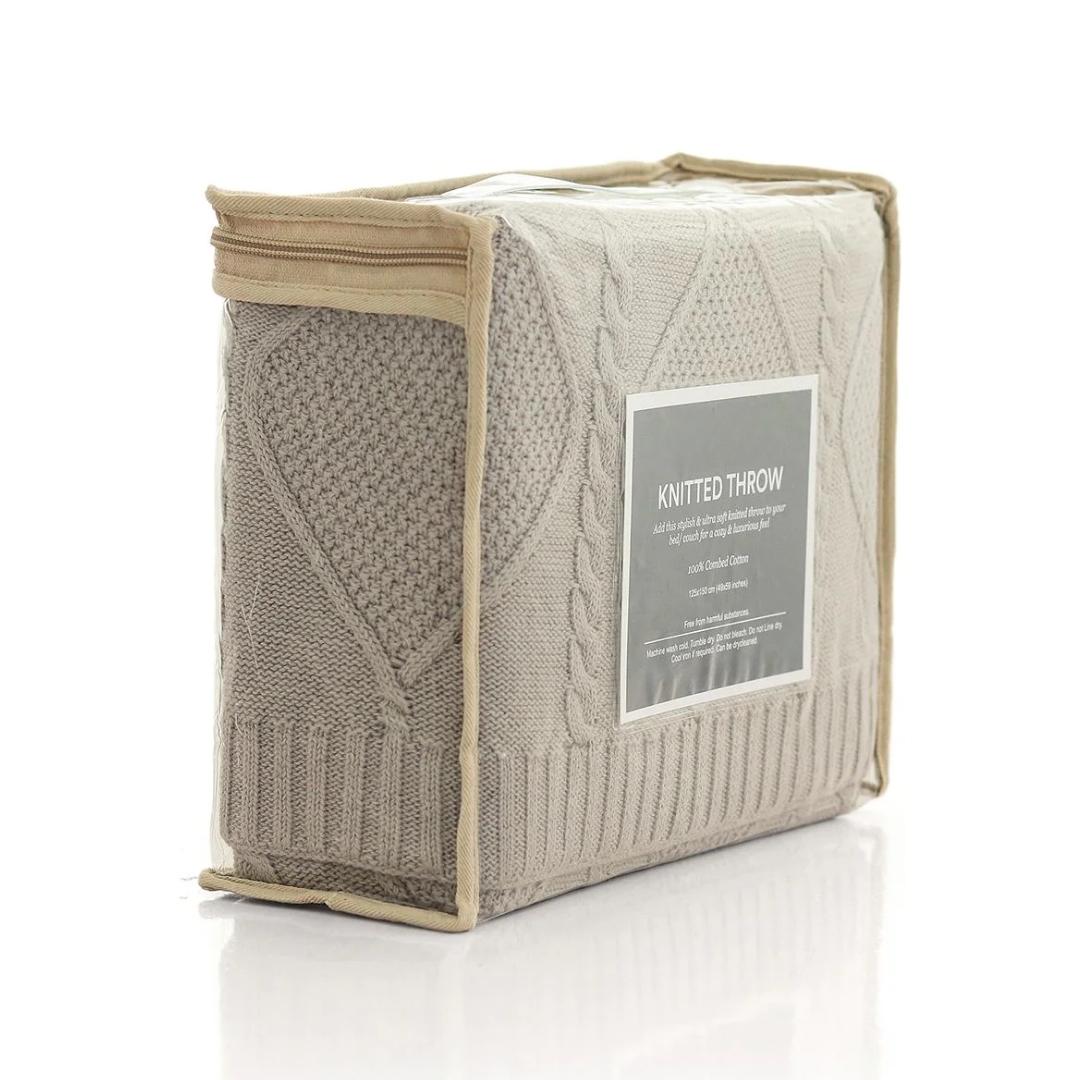 Cable Moss Cool Grey Cotton Knitted Throw Blanket (50 in x 60 in)