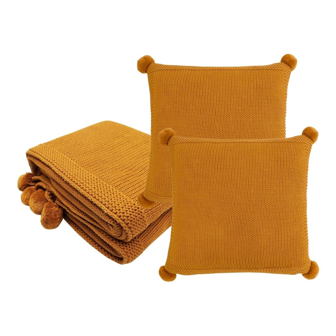Chunky Jersey Mustard Throw & Cushion Cover Set (16 in x 16 in)