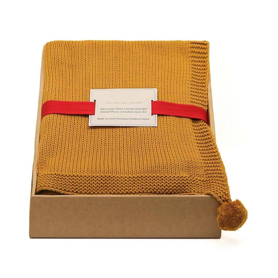 Chunky Jersey Mustard Throw & Cushion Cover Set (16 in x 16 in)
