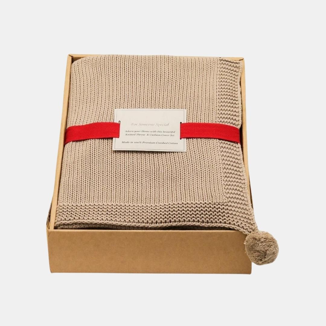 Chunky Jersey Stone & Natural Throw & Cushion Cover Set (16 in x 16 in)