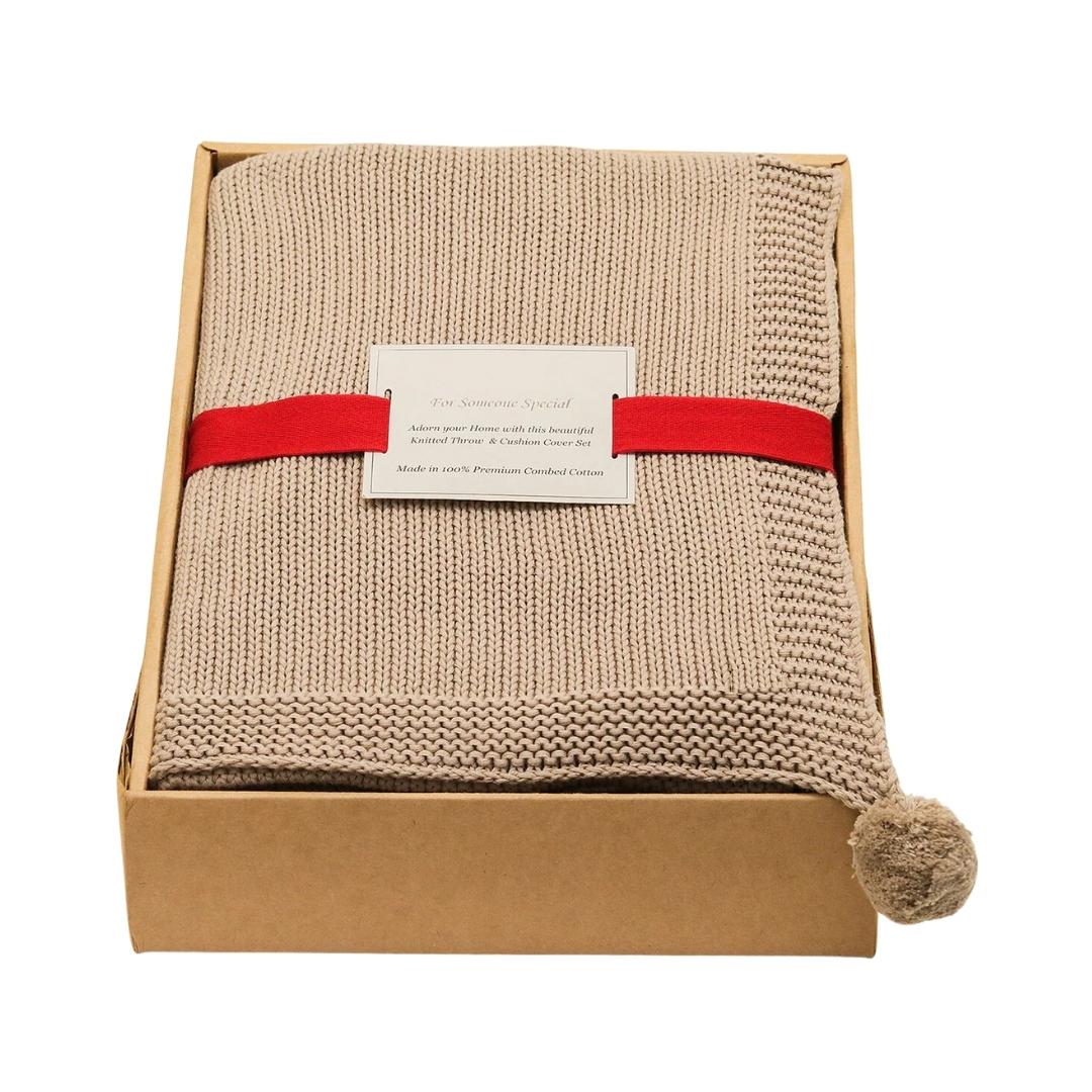 Chunky Jersey Stone & Natural Throw & Cushion Cover Set (16 in x 16 in)