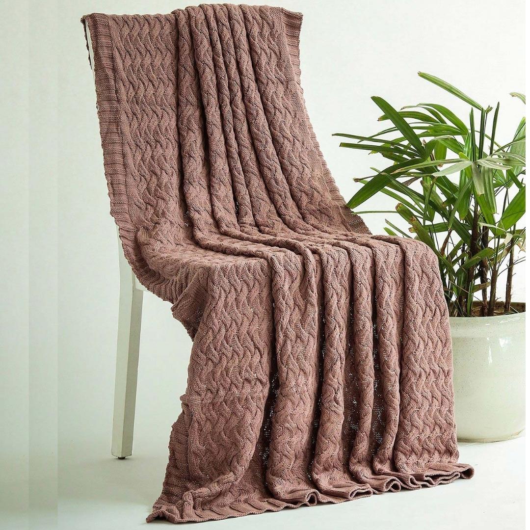 Criss Cross Pewter Cotton Knitted Throw Blanket (50 in x 60 in)