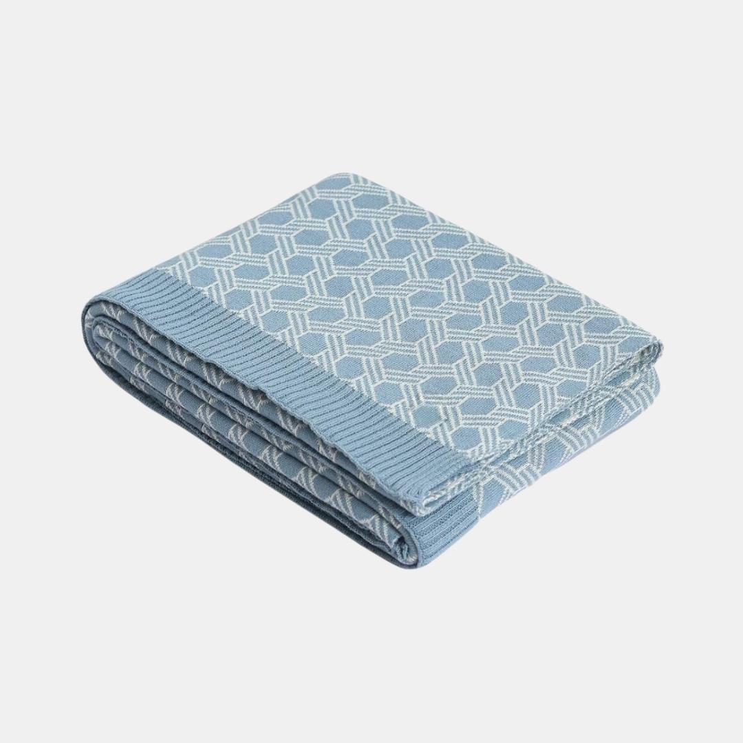 Geometric Alica Blue & Natural Cotton Knitted Throw Blanket (50 in x 60 in)
