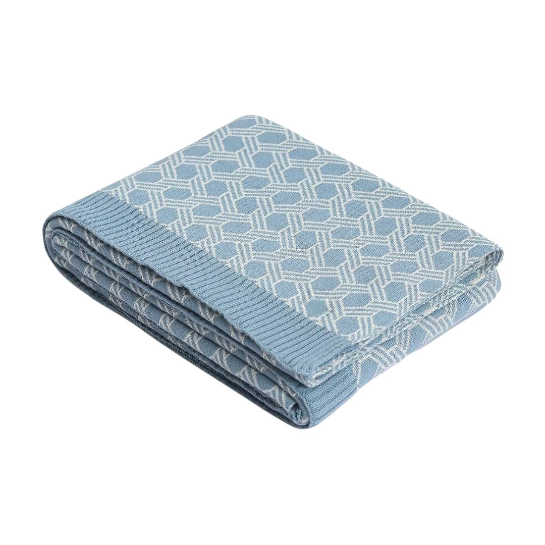 Geometric Alica Blue & Natural Cotton Knitted Throw Blanket (50 in x 60 in)