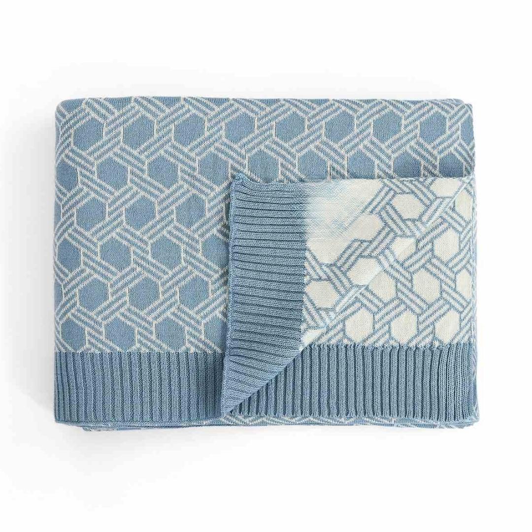 Geometric Alica Blue & Natural Cotton Knitted Throw Blanket (50 in x 60 in)