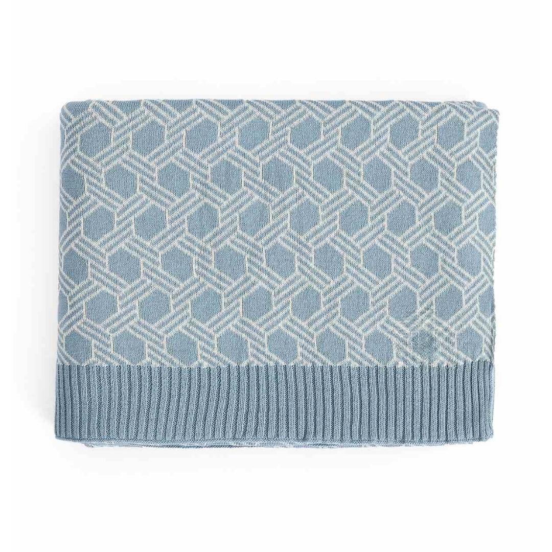 Geometric Alica Blue & Natural Cotton Knitted Throw Blanket (50 in x 60 in)