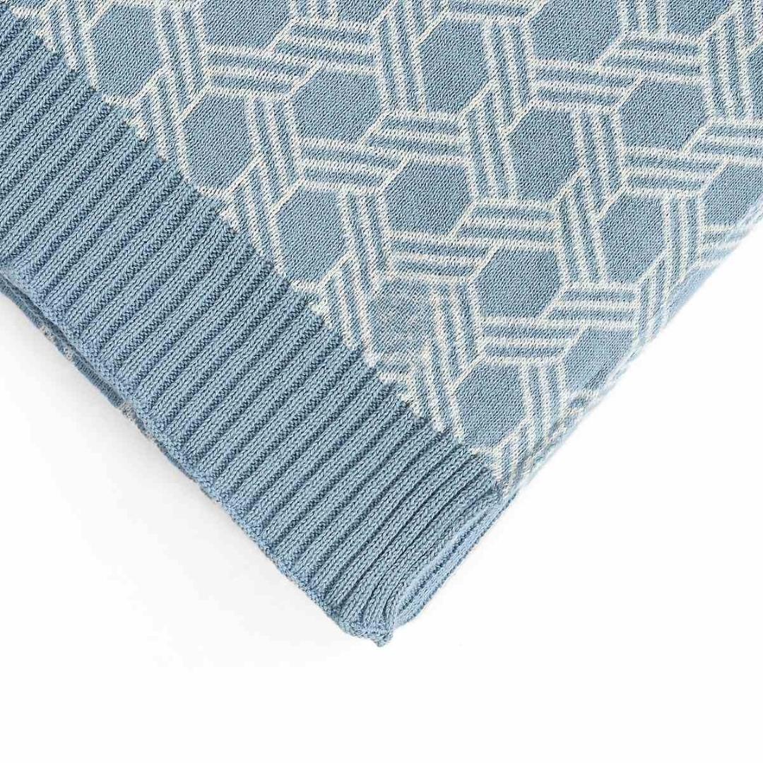 Geometric Alica Blue & Natural Cotton Knitted Throw Blanket (50 in x 60 in)