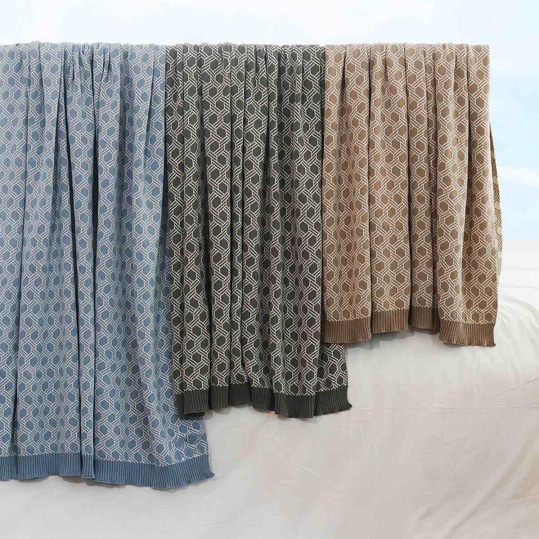 Geometric Alica Blue & Natural Cotton Knitted Throw Blanket (50 in x 60 in)