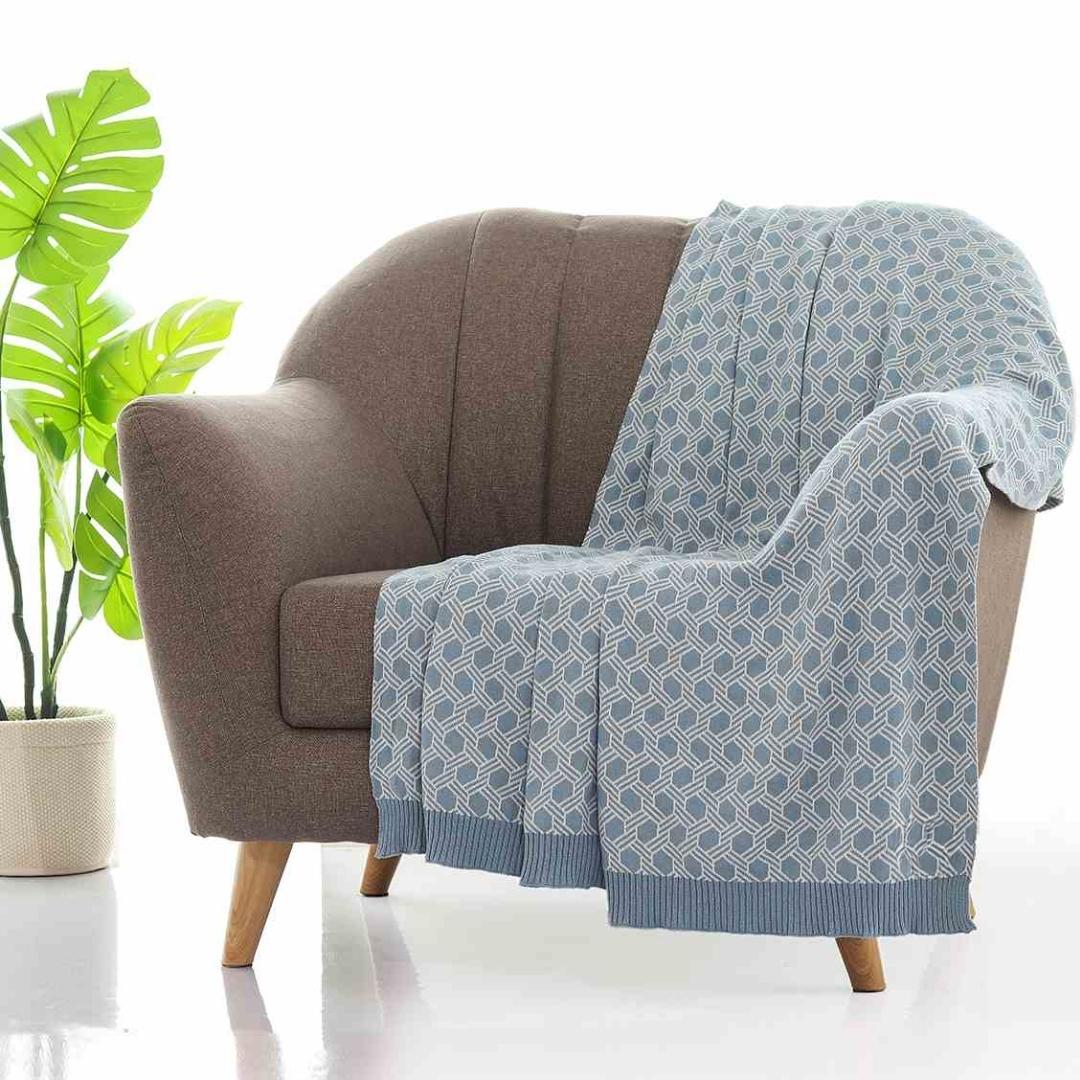 Geometric Alica Blue & Natural Cotton Knitted Throw Blanket (50 in x 60 in)