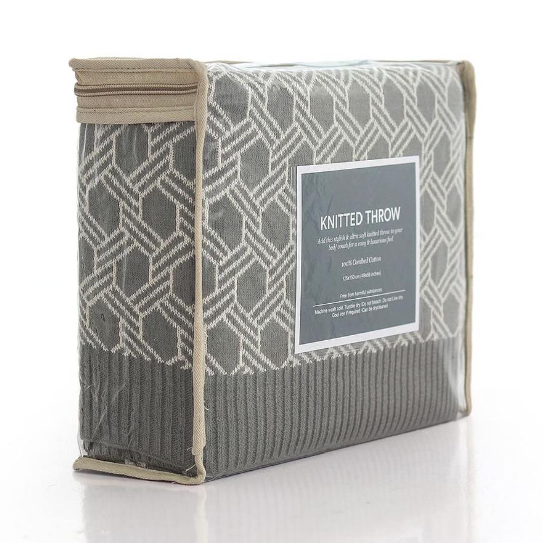 Geometric Fossil & Natural Cotton Knitted Throw Blanket (50 in x 60 in)
