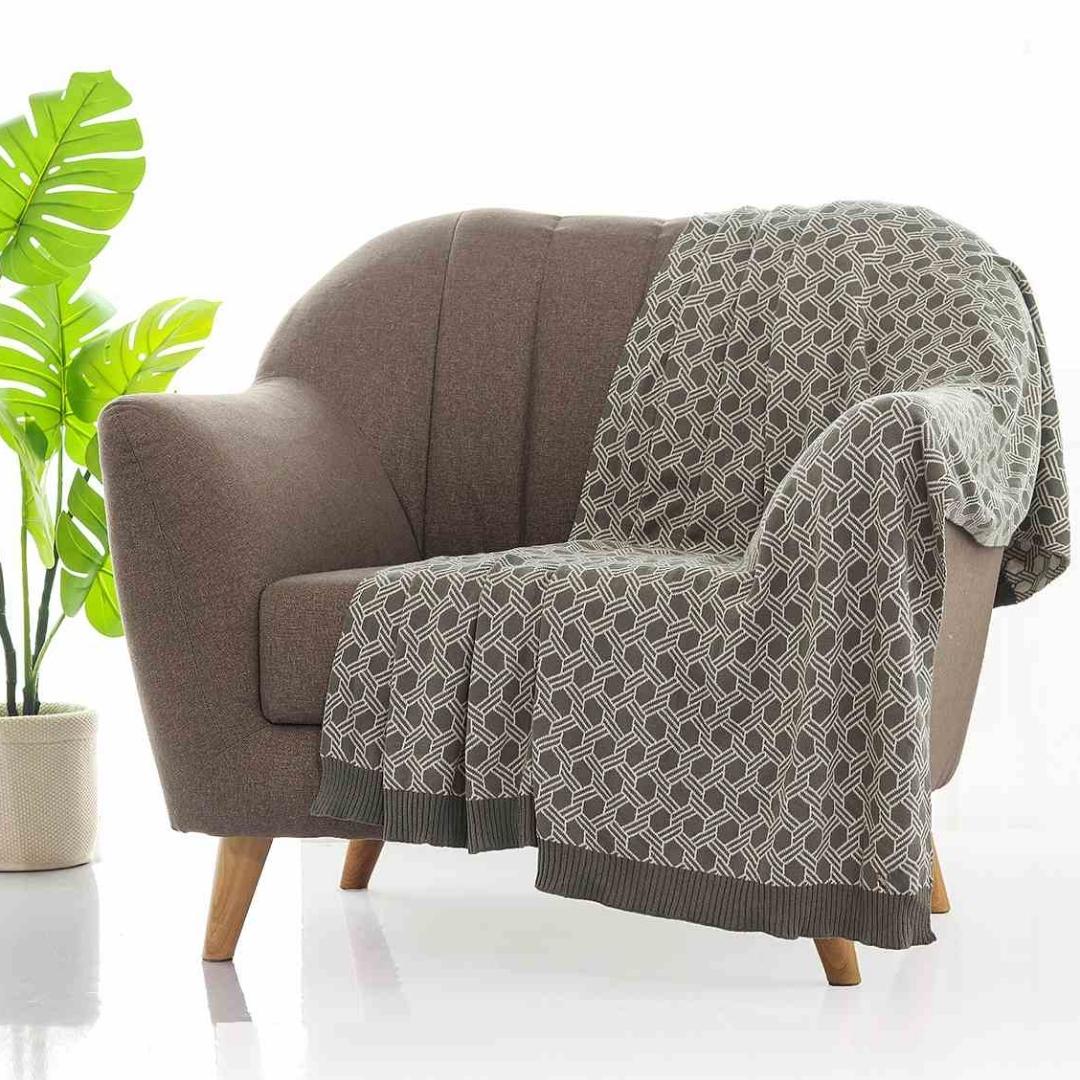 Geometric Fossil & Natural Cotton Knitted Throw Blanket (50 in x 60 in)