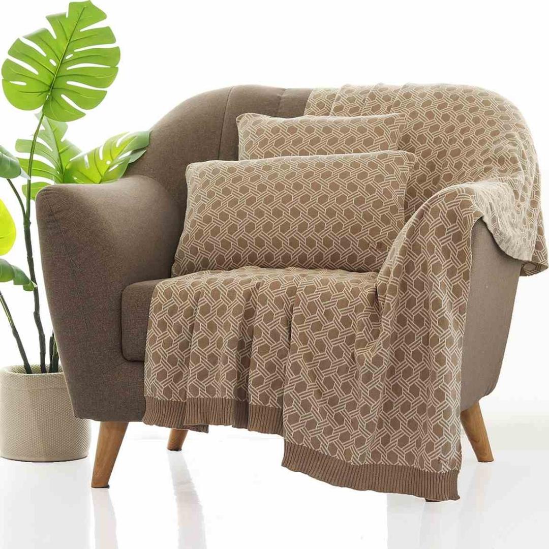 Geometric Stone & Natural Cotton Knitted Decorative Cushion Cover (12 in x 20 in)