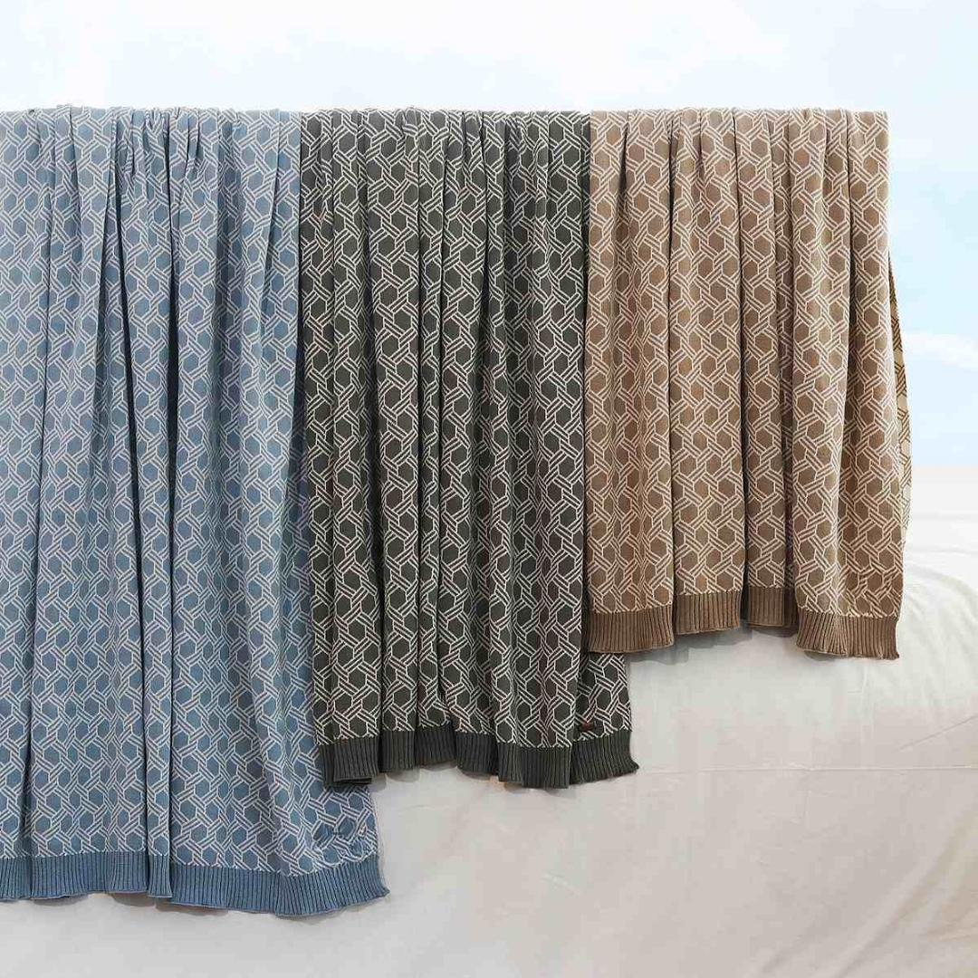 Geometric Stone & Natural Cotton Knitted Throw Blanket (50 in x 60 in)