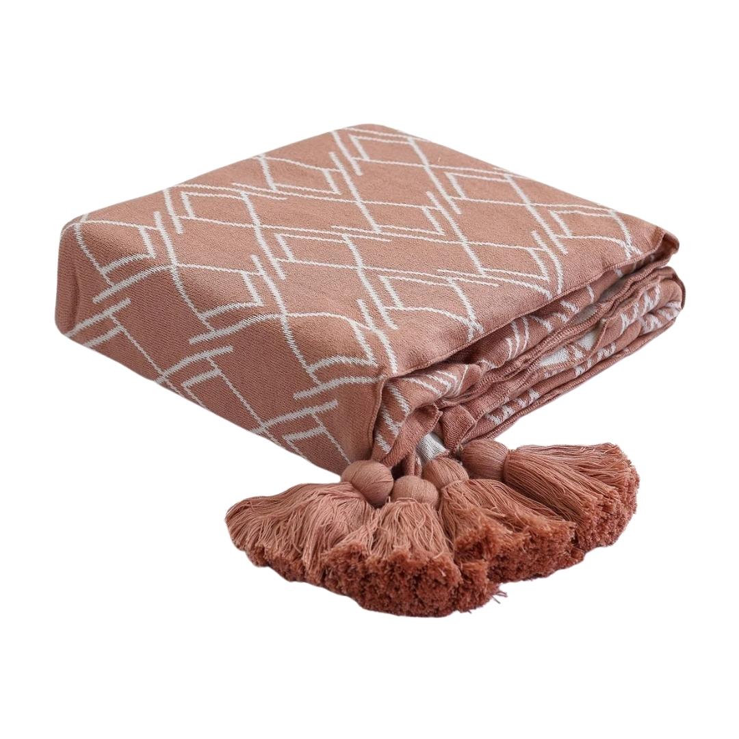 Gianna Dusty Coral & Natural Cotton Knitted Throw Blanket (50 in x 60 in)