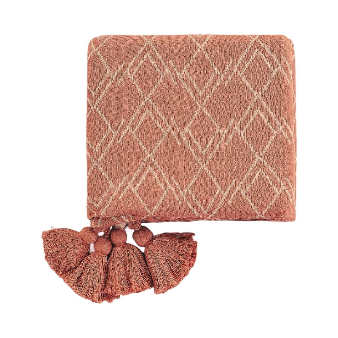 Gianna Dusty Coral & Natural Cotton Knitted Throw Blanket (50 in x 60 in)