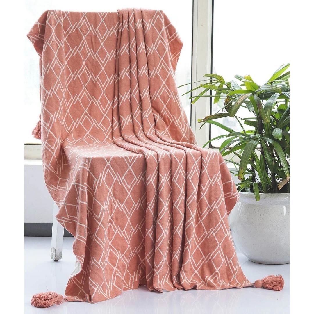 Gianna Dusty Coral & Natural Cotton Knitted Throw Blanket (50 in x 60 in)