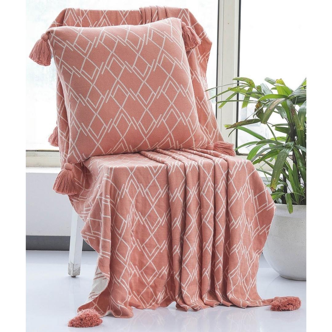 Gianna Dusty Coral & Natural Cotton Knitted Throw Blanket (50 in x 60 in)