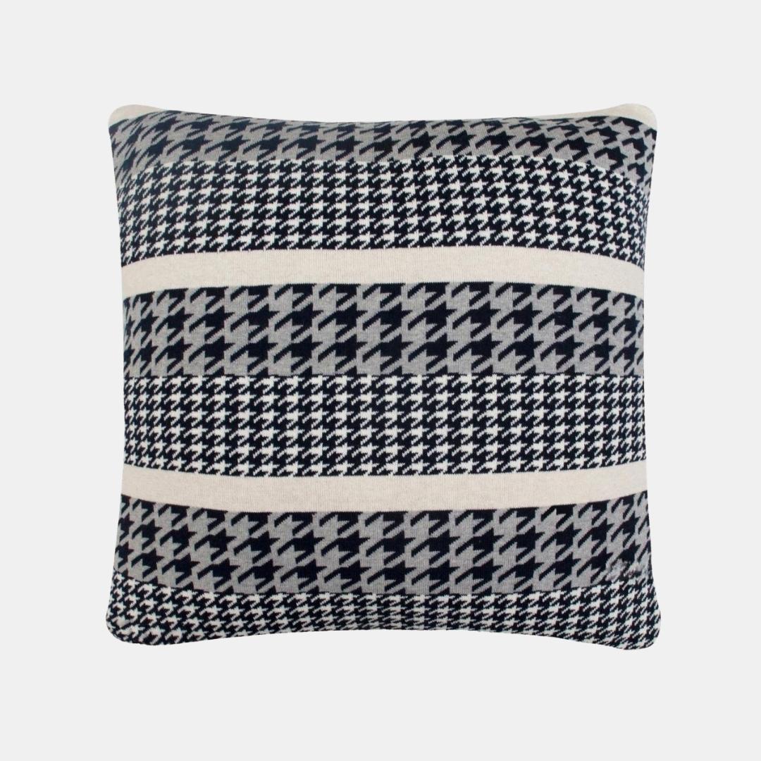 Hounds Tooth Royal Blue Grey Cotton Knitted Decorative Cushion Cover (20 in x 20 in)